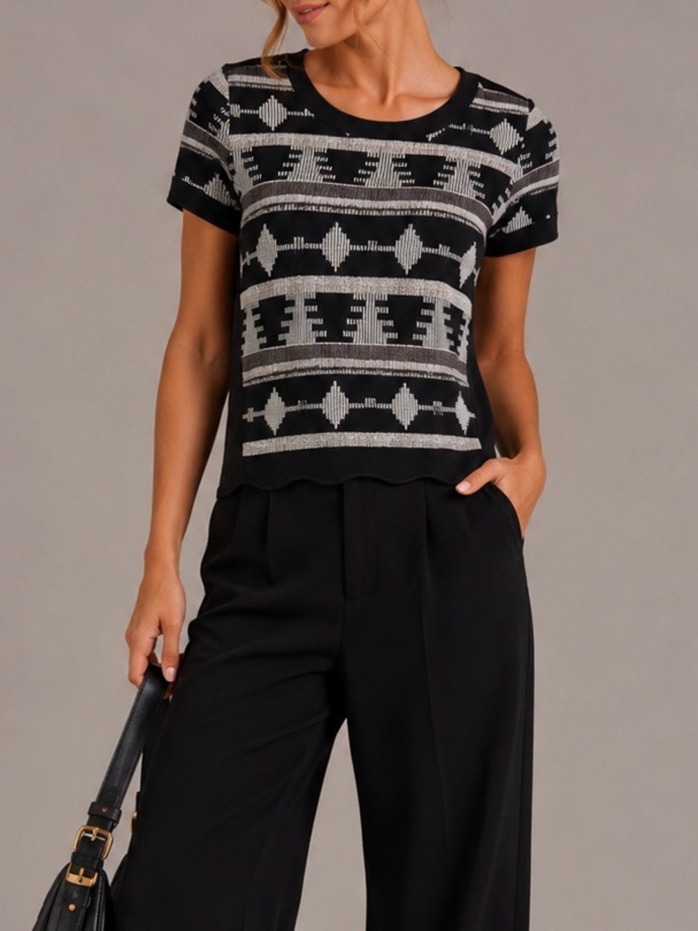 Sunday in Brooklyn Black Short Sleeve Top with Gray Geometric Stripe